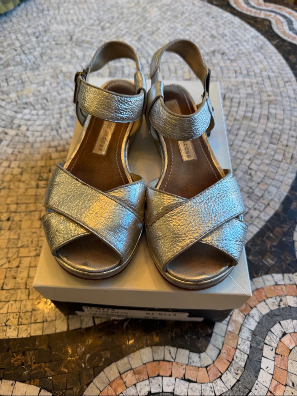 Marc Jacobs Silver Metallic Crisscross Ankle Strap Sandals